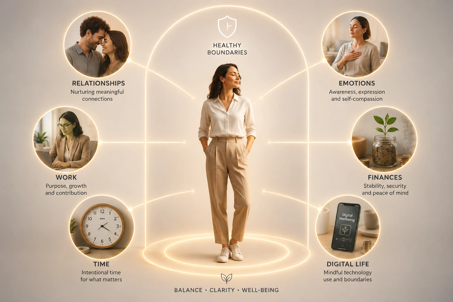 Visual representation of healthy boundaries across relationships, work, emotions, and personal life.